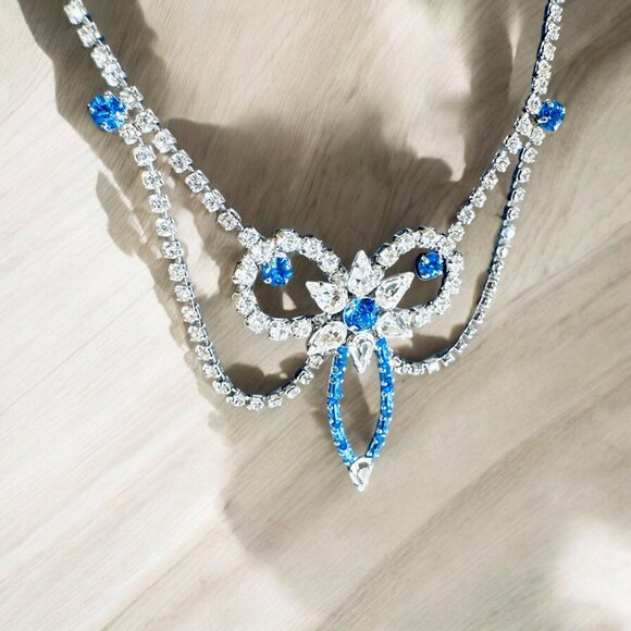 Vintage Statement Necklace by JAY FLEX Clear and Blue Rhinestones Silver Tone - Picture 4 of 6